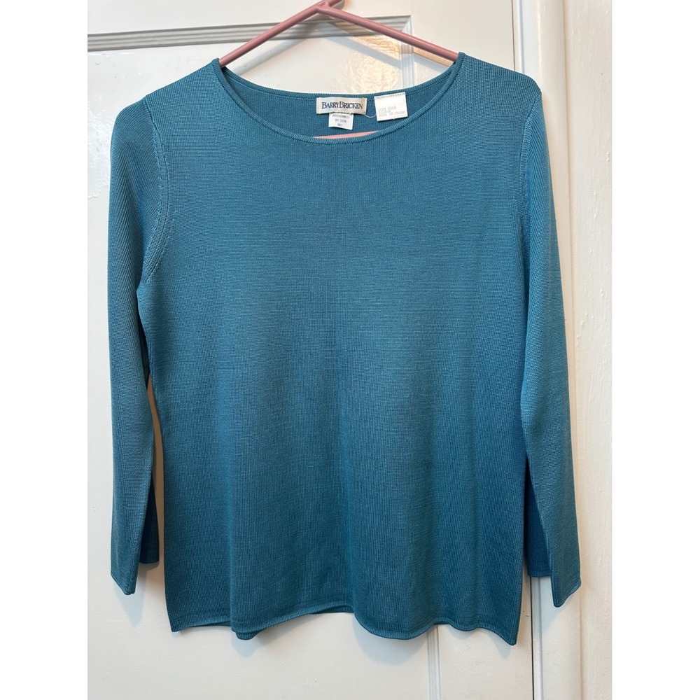 Barry Bricken Teal Blue 100% Silk Knit Sweater Long Sleeve Crew Neck Top Small